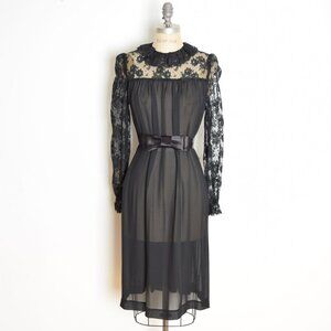 vintage 70s dress sheer black lace Victorian witch whimsigoth babydoll belt S M